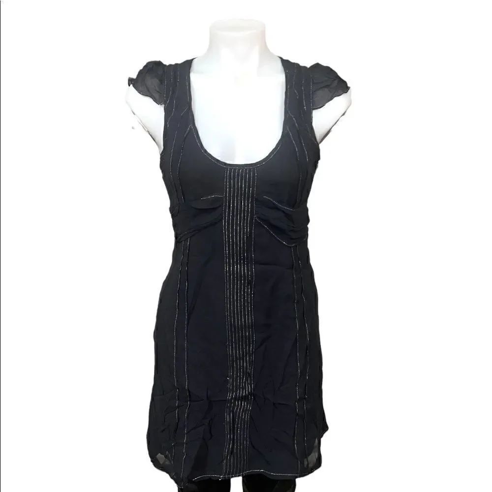 Rock & Republic Collection dress black 100% silk metallic thread detail mockbelt